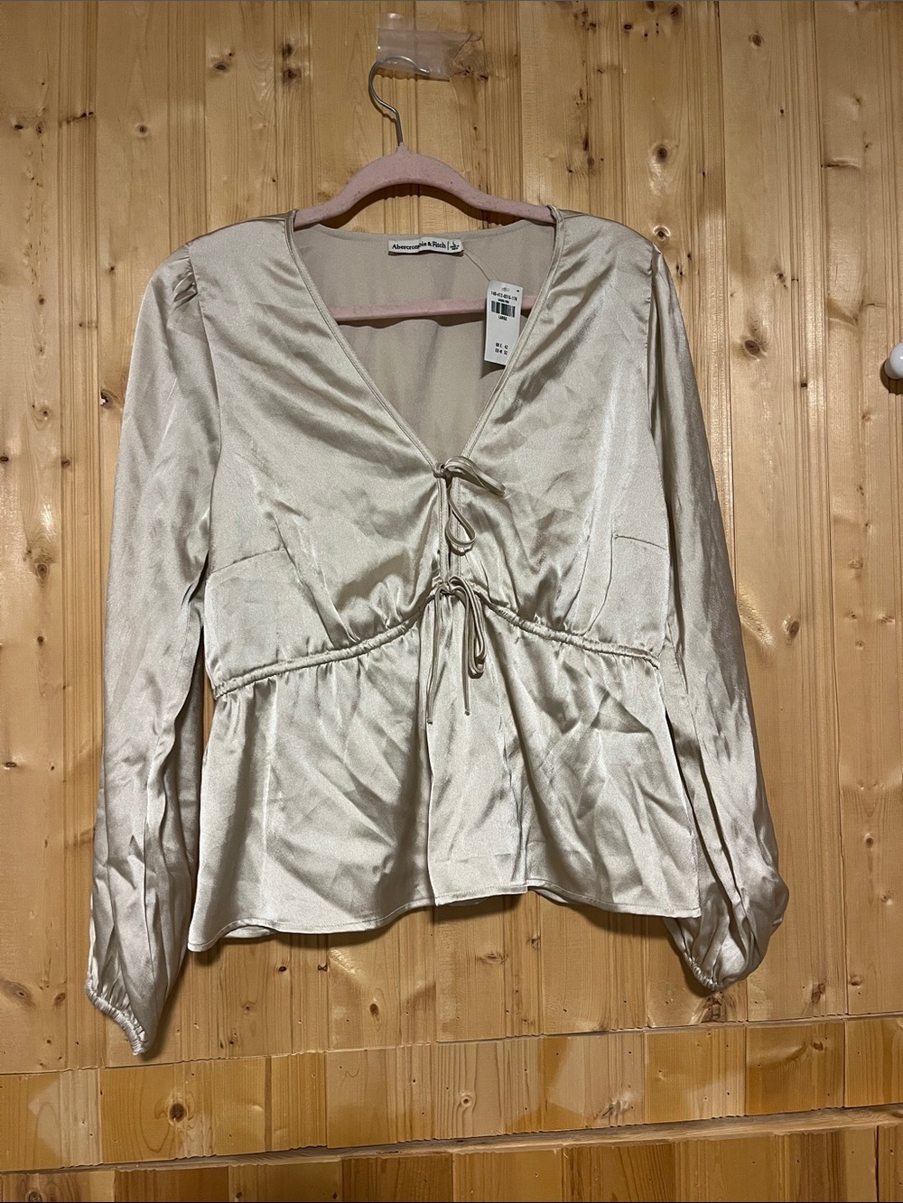 Abercrombie & Fitch Champagne Satin Tie-Front Peplum Blouse